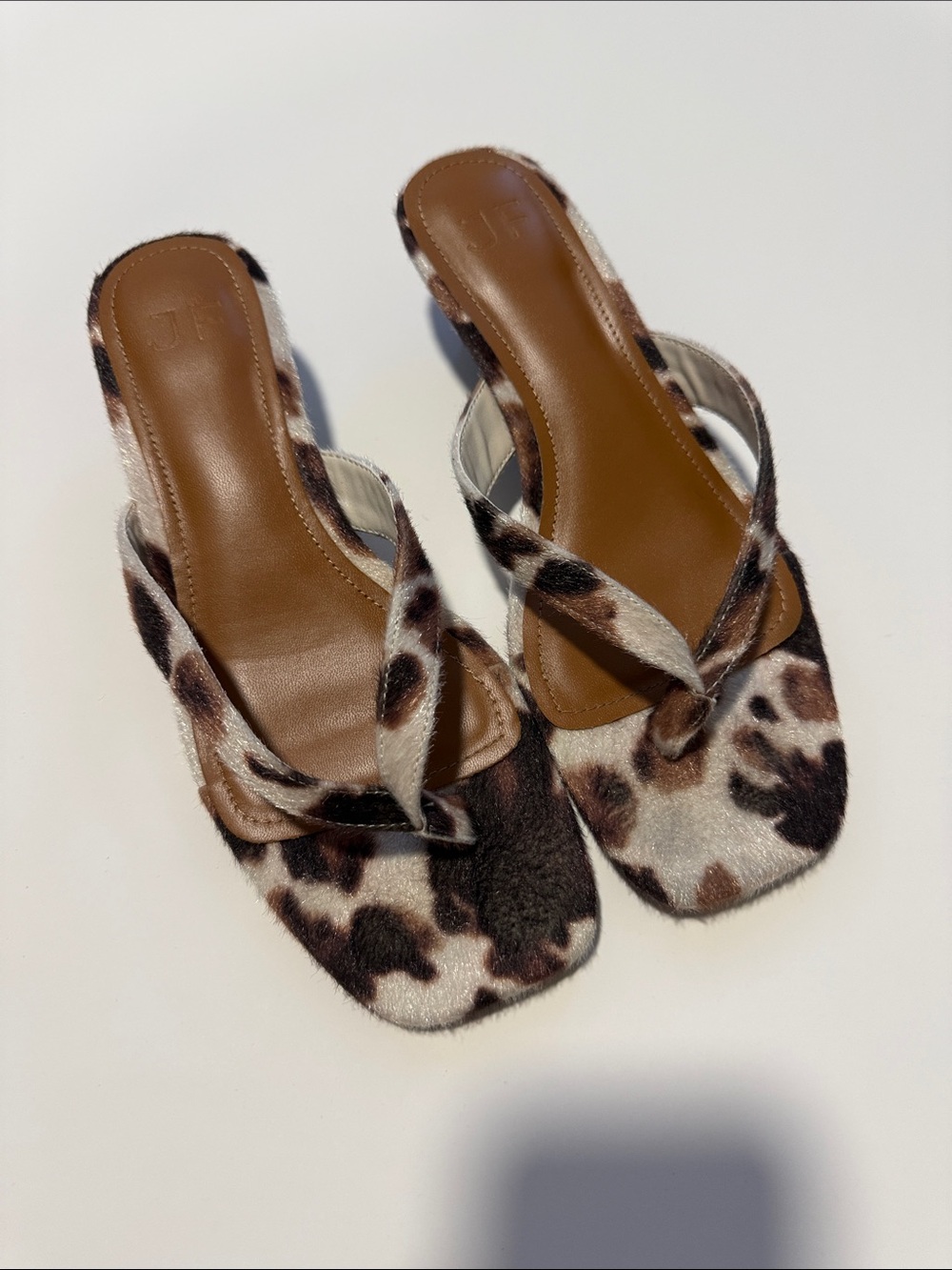 JustFab Leopard Print Slip-On Mules in Brown and Cream